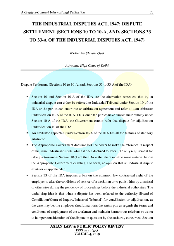 (PDF) THE INDUSTRIAL DISPUTES ACT, 1947 DISPUTE SETTLEMENT Shivam
