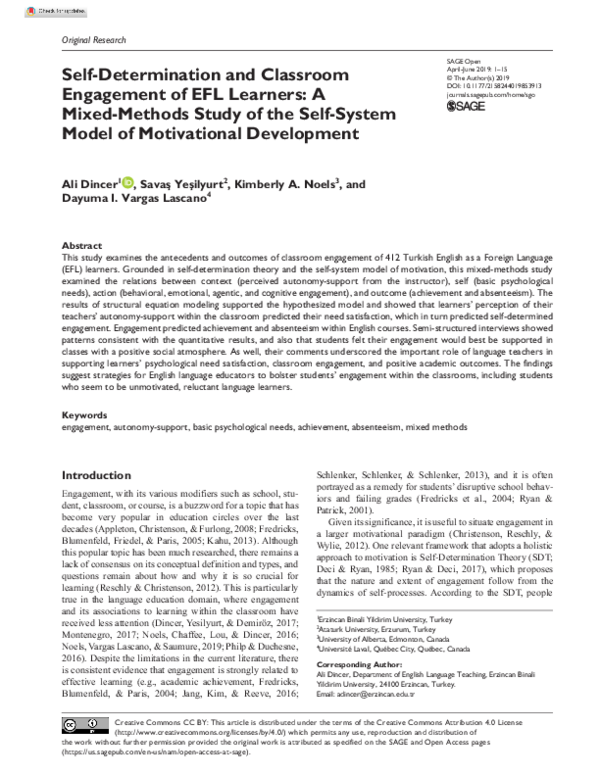 (PDF) Self-Determination and Classroom Engagement of EFL Learners: A ...