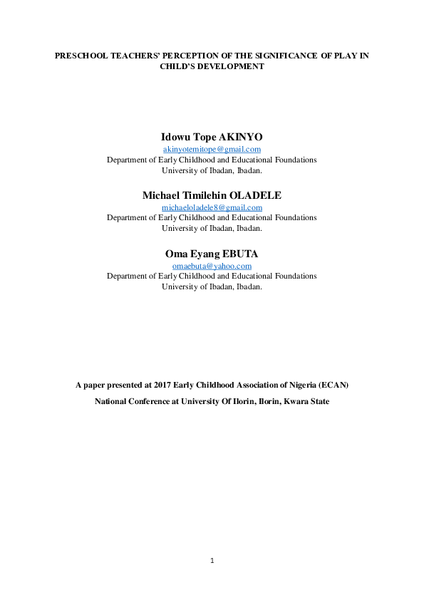 (DOC) PRESCHOOL TEACHERS' PERCEPTION OF THE SIGNIFICANCE OF PLAY IN ...