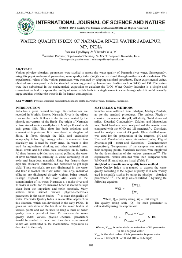 (PDF) Assessment of Water Quality Index of Nambul River, Imphal