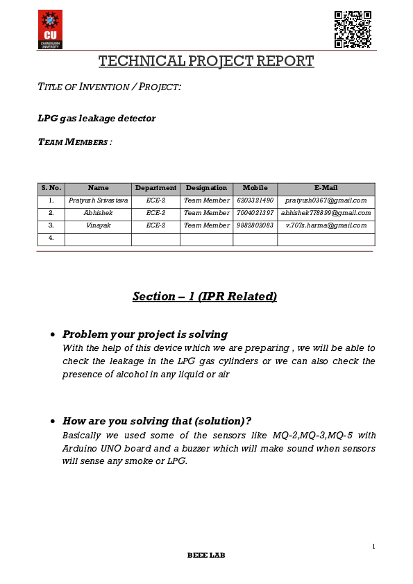 (PDF) TECHNICAL PROJECT REPORT TITLE OF INVENTION / PROJECT LPG gas