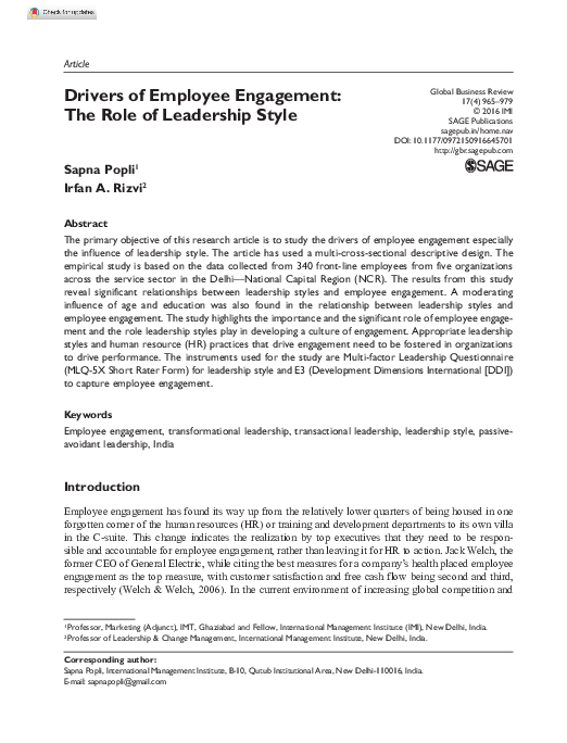 (PDF) Drivers of Employee Engagement: The Role of Leadership Style