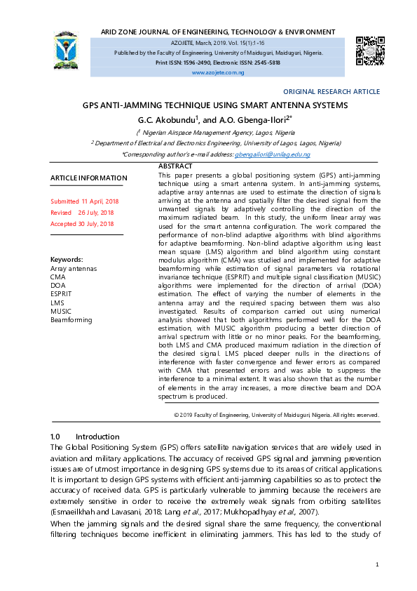 (PDF) GPS ANTIJAMMING TECHNIQUE USING SMART ANTENNA SYSTEMS ARID ZONE JOURNAL OF ENGINEERING