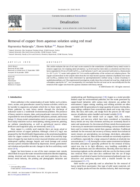 (PDF) Removal of copper from aqueous solution using red mud