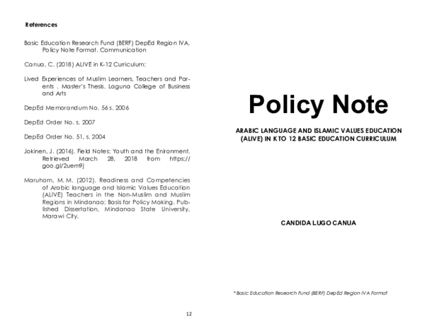 (PDF) Policy Note ARABIC LANGUAGE AND ISLAMIC VALUES EDUCATION (ALIVE ...