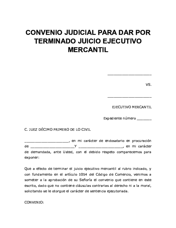 (DOC) CONVENIO JUDICIAL PARA DAR POR TERMINADO JUICIO EJECUTIVO MERCANTIL