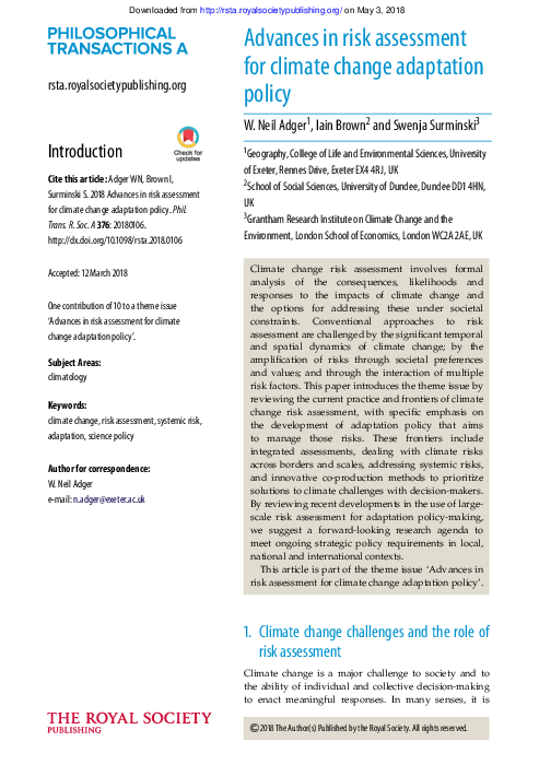 (PDF) Advances in risk assessment for climate change adaptation policy
