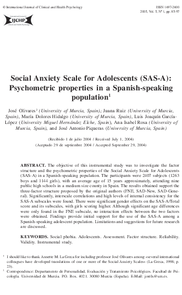 (PDF) Social Anxiety Scale for Adolescents (SAS-A): Psychometric ...