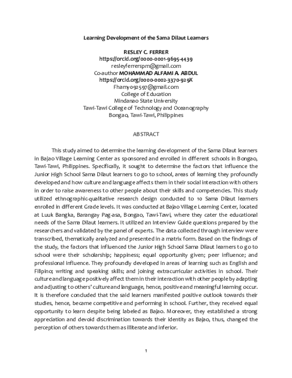(DOC) Learning Development of the Sama Dilaut Learners