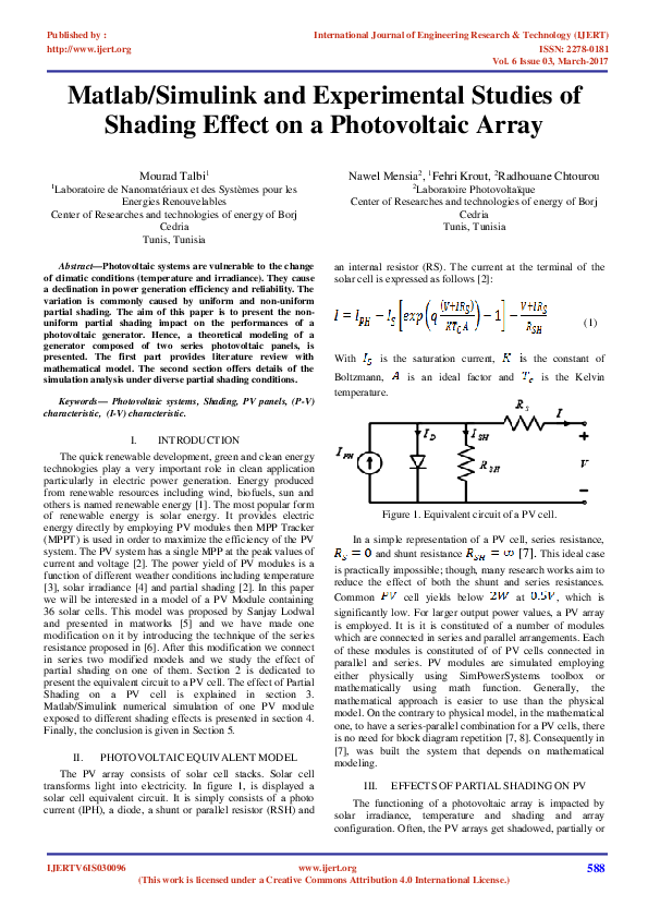 (PDF) IJERTMatlab/Simulink and Experimental Studies of Shading Effect