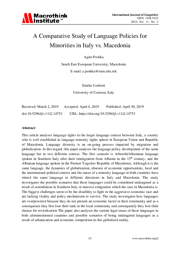 (PDF) A Comparative Study of Language Policies for Minorities in Italy ...