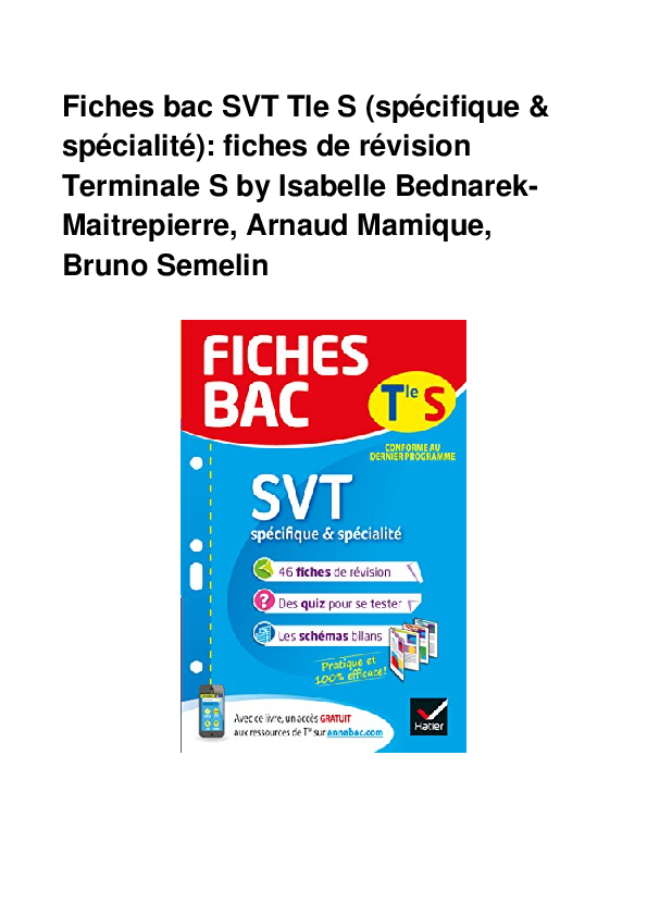 Pdf Fiches Bac Svt Tle S Specifique Specialite Fiches De Revision Terminale S By Isabelle Bednarek Maitrepierre Arnaud Mamique Bruno Semelin Christine Ambers Academia Edu
