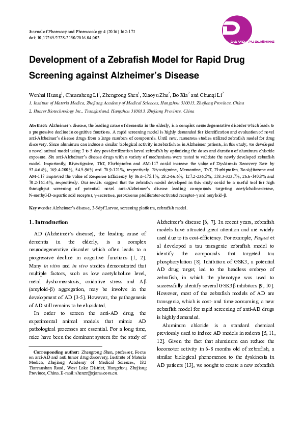 (PDF) Development of a Zebrafish Model for Rapid Drug Screening against ...