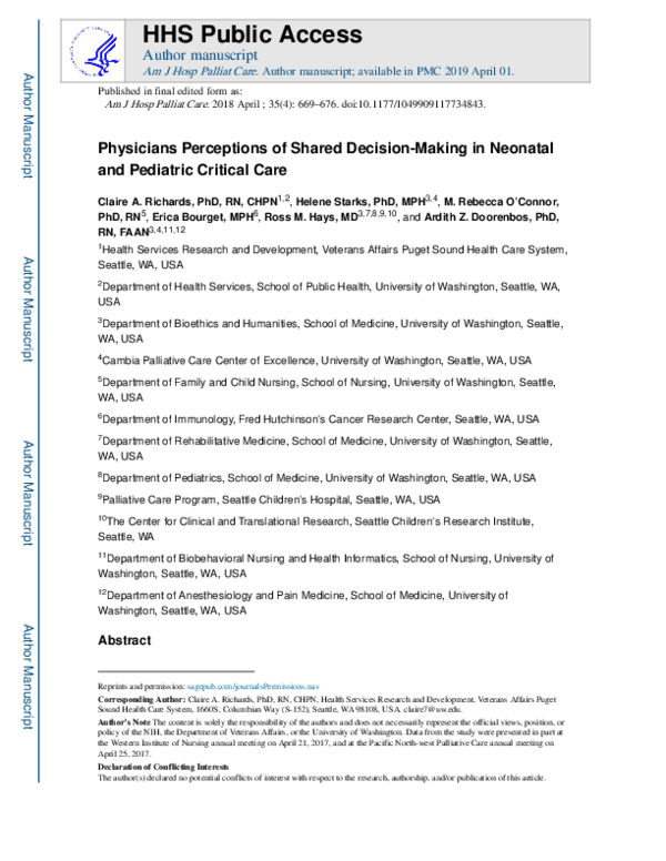 Pdf Physicians Perceptions Of Shared Decision Making In Neonatal And