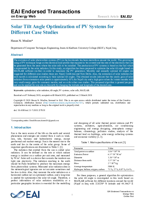 (PDF) Solar Tilt Angle Optimization of PV Systems for Different Case ...
