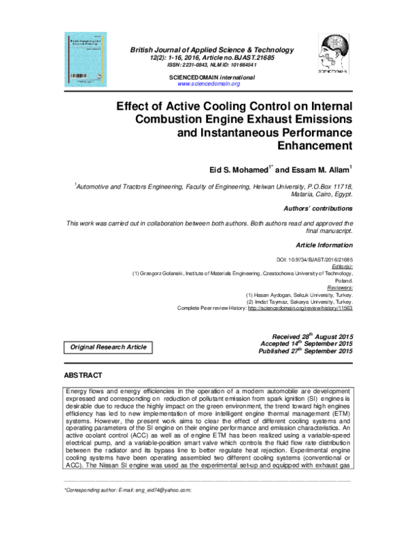 (PDF) Effect of Active Cooling Control on Internal Combustion Engine ...