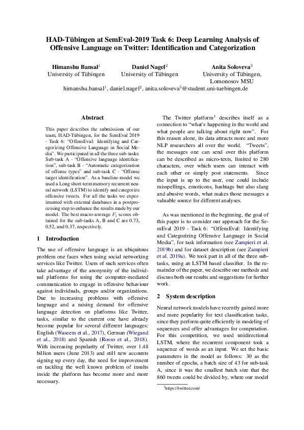 (PDF) HADTübingen at SemEval2019 Task 6 Deep Learning Analysis of