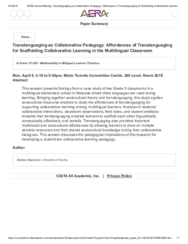 (PDF) Translanguaging for Scaffolding Collaborative Learning in the