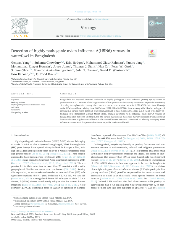 (PDF) Detection of highly pathogenic avian influenza A(H5N6) viruses in ...
