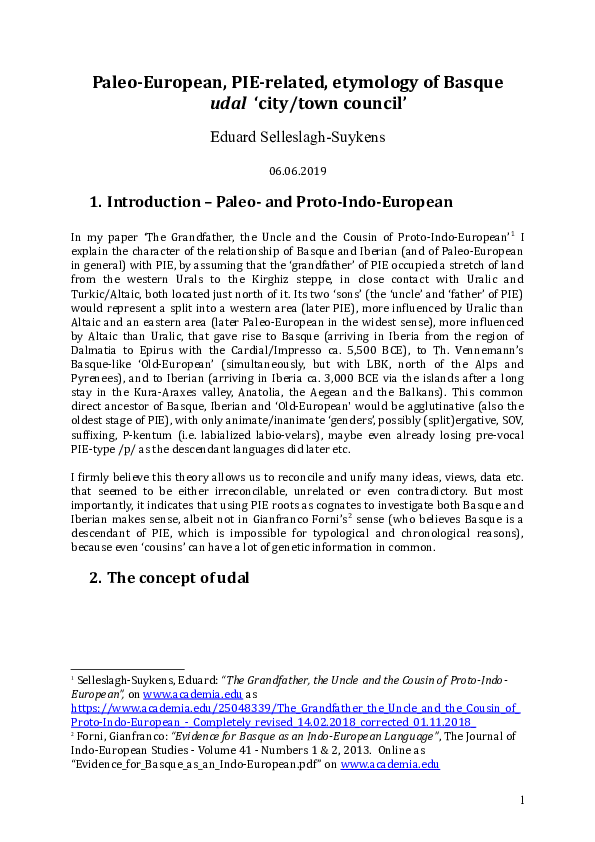 (DOC) PaleoEuropean, PIErelated, etymology of Basque udal 'city/town