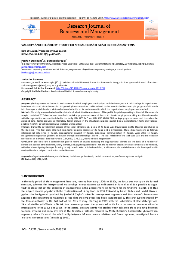 (PDF) VALIDITY AND RELIABILITY STUDY FOR SOCIAL CLIMATE SCALE IN ...
