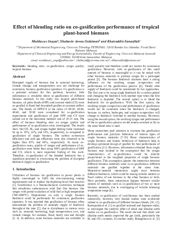 (PDF) Effect of blending ratio on co-gasification performance of ...