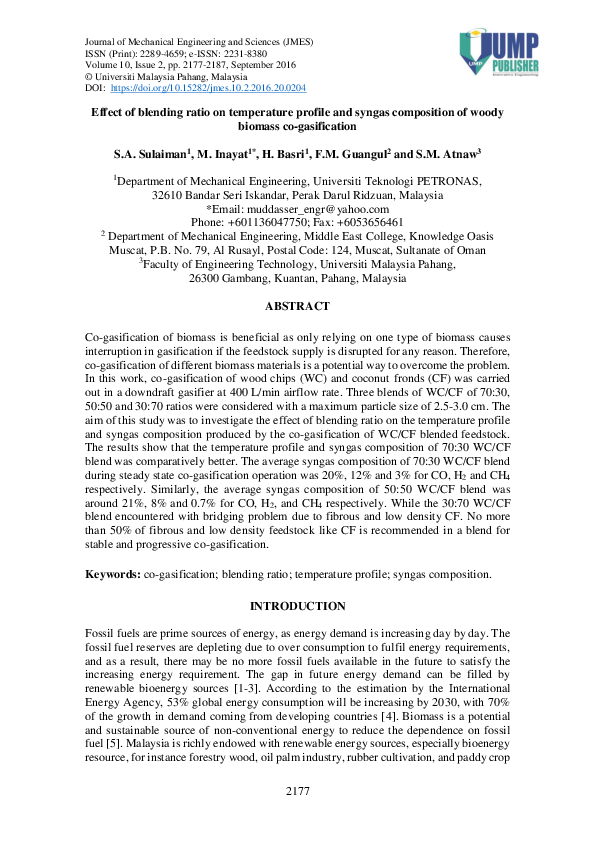 (PDF) Effect of blending ratio on temperature profile and syngas ...