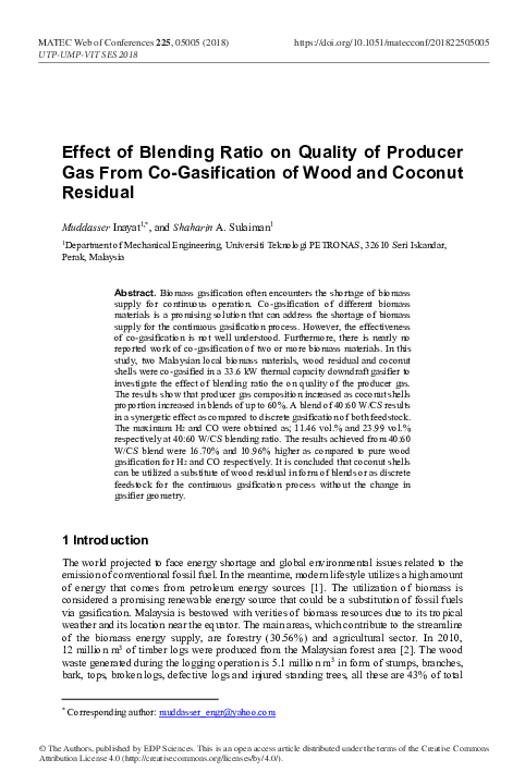 (PDF) Effect of Blending Ratio on Quality of Producer Gas From Co ...