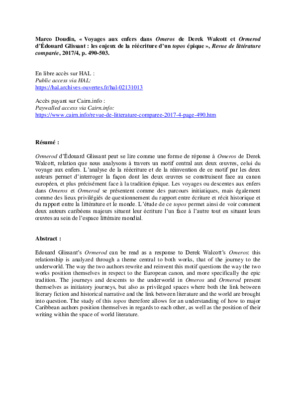 (PDF) Voyages aux enfers dans Omeros de Derek Walcott et Ormerod d