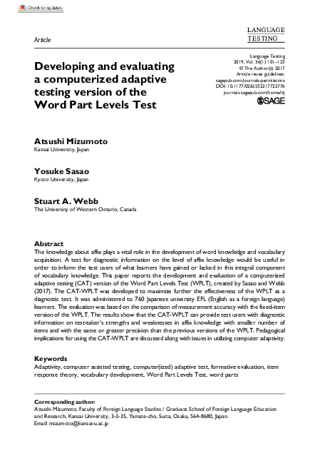 (PDF) Developing and evaluating a computerized adaptive testing version of the Word Part Levels Test