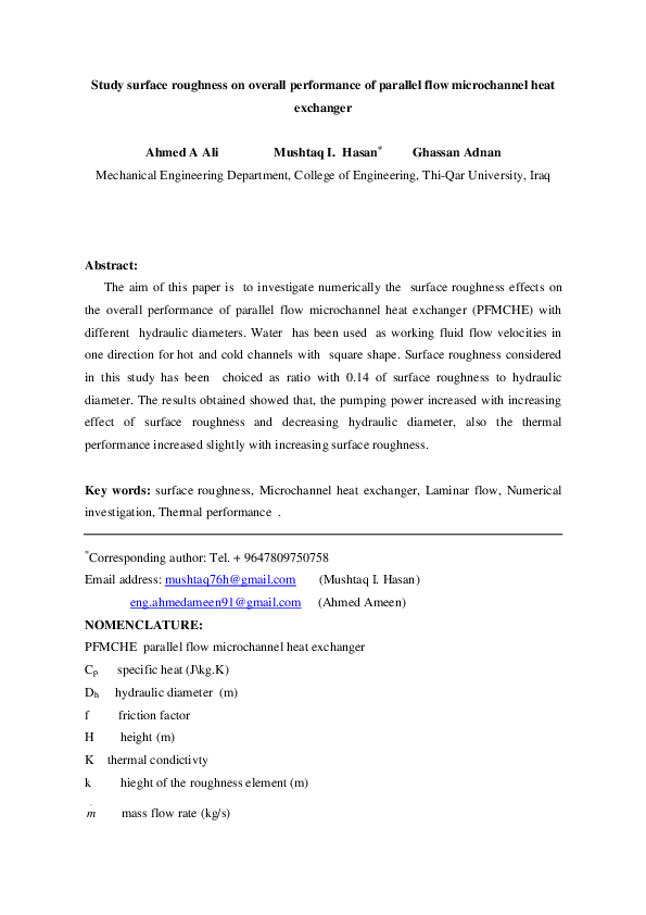 (DOC) Study surface roughness on overall performance of parallel flow ...