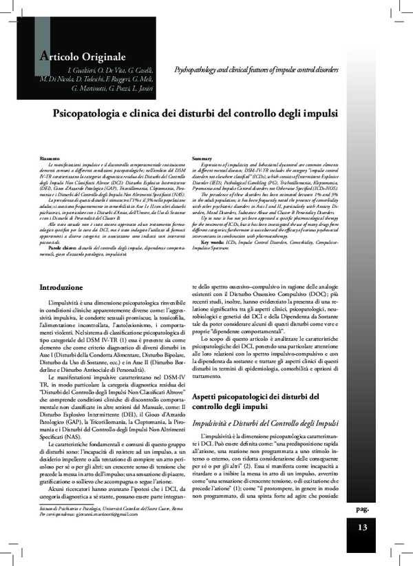 (PDF) Psicopatologia e clinica dei disturbi del controllo degli impulsi