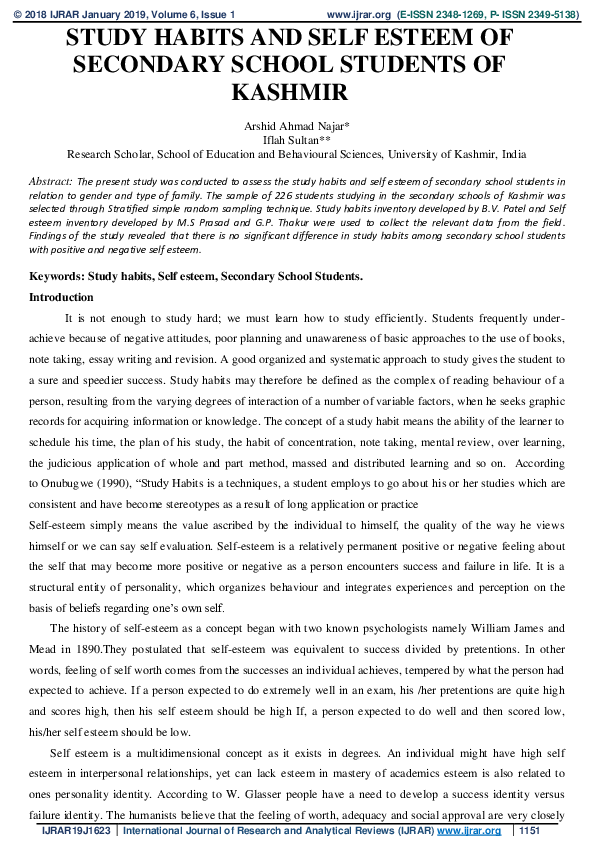 (PDF) STUDY HABITS AND SELF ESTEEM OF SECONDARY SCHOOL STUDENTS OF KASHMIR