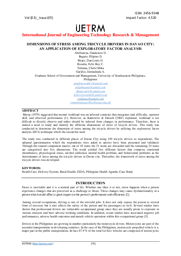 (PDF) DIMENSIONS OF STRESS AMONG TRICYCLE DRIVERS IN DAVAO CITY AN