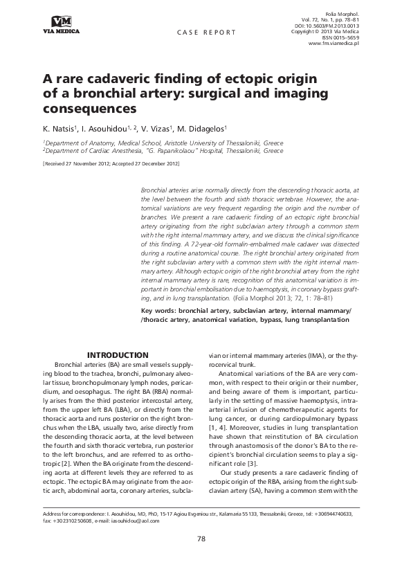 (PDF) A rare cadaveric finding of ectopic origin of a bronchial artery