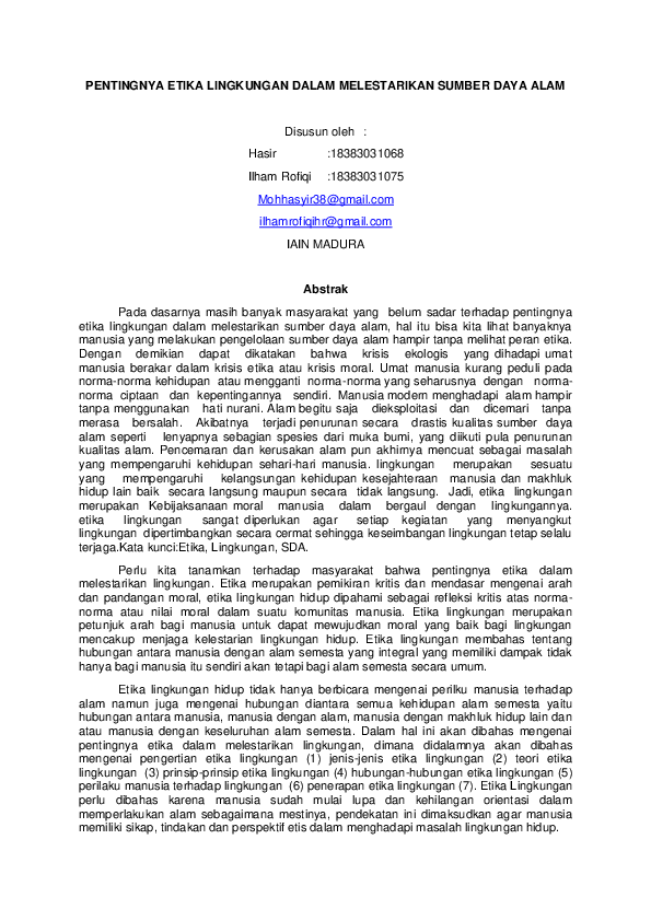 Pdf Pentingnya Etika Lingkungan Dalam Melestarikan Sumber Daya Alam Ilham Rofiqi Academia Edu