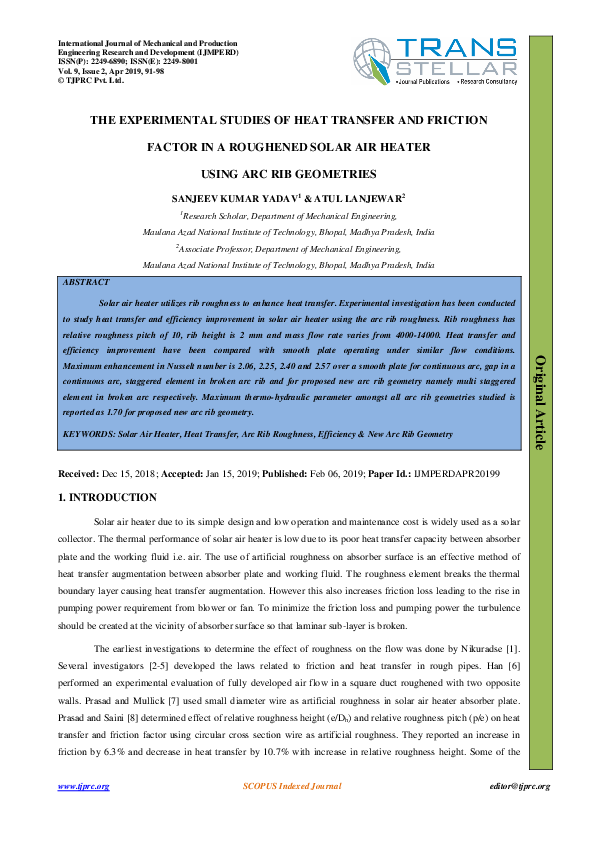 (PDF) THE EXPERIMENTAL STUDIES OF HEAT TRANSFER AND FRICTION FACTOR IN ...