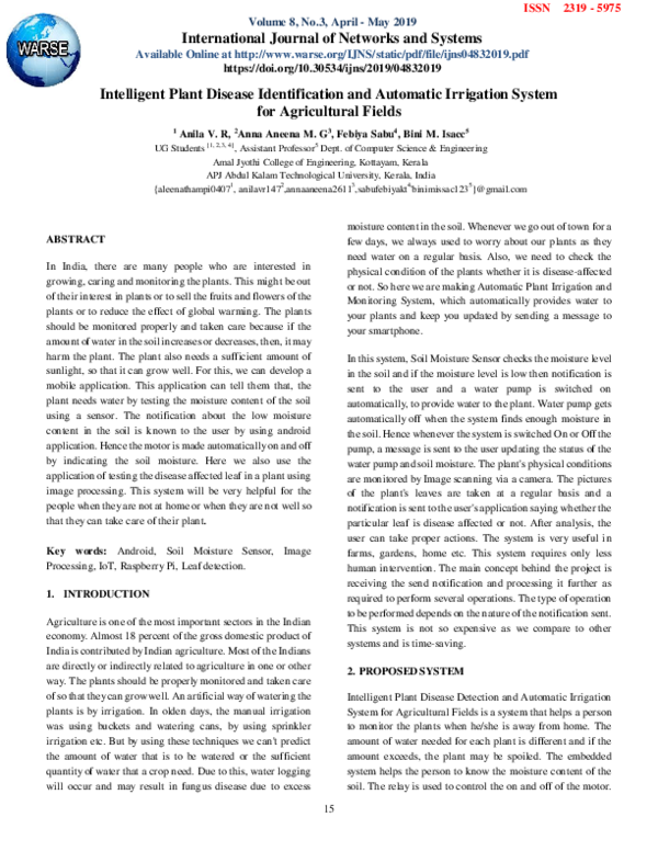 (PDF) Intelligent Plant Disease Identification and Automatic Irrigation