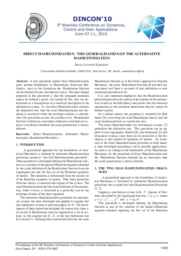 (PDF) DIRECT HAMILTONIZATION-THE GENERALIZATION OF THE ALTERNATIVE ...