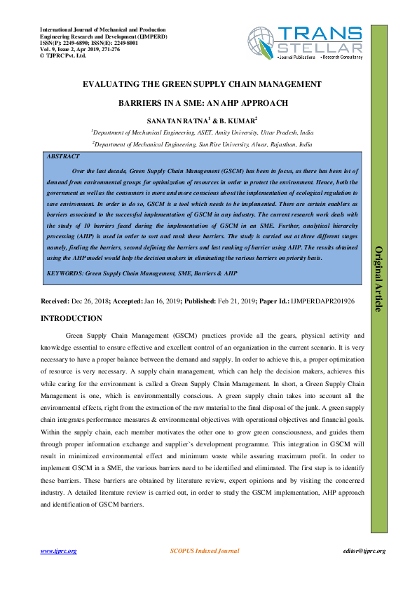 (PDF) EVALUATING THE GREEN SUPPLY CHAIN MANAGEMENT BARRIERS IN A SME AN AHP APPROACH TJPRC