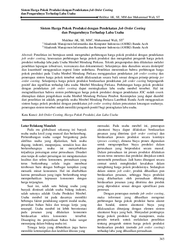 (PDF) Sistem Harga Pokok Produksi dengan Pendekatan Job Order Costing