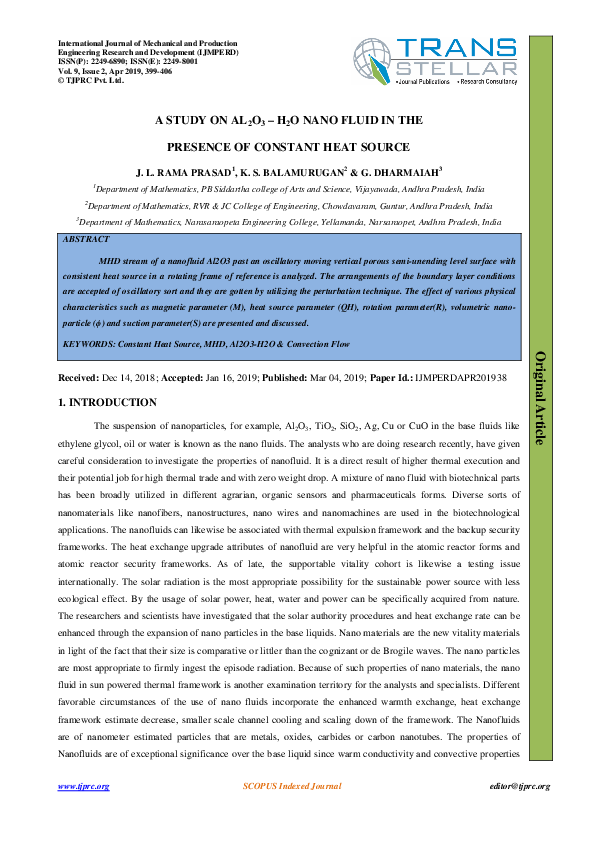 (PDF) A STUDY ON AL 2 O 3 -H 2 O NANO FLUID IN THE PRESENCE OF CONSTANT ...