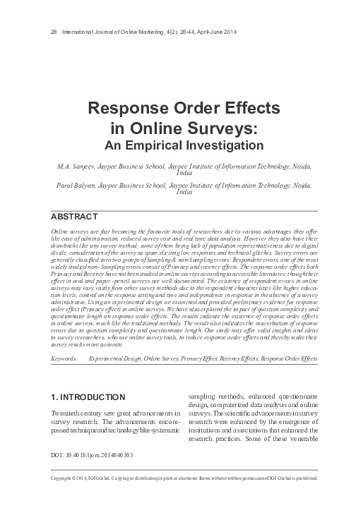 (PDF) Response Order Effects in Online Surveys: An Empirical Investigation