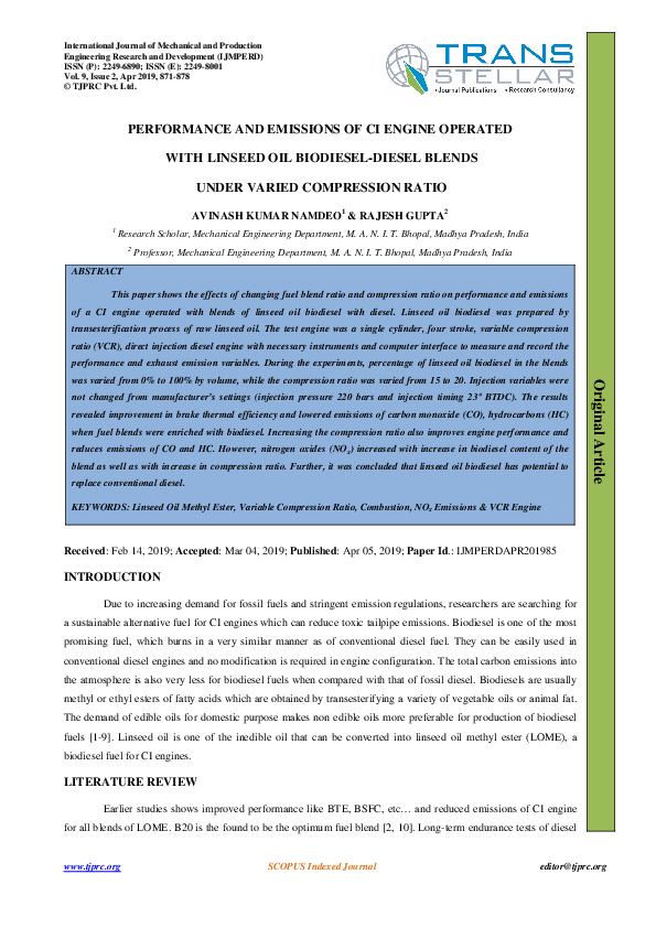 (PDF) PERFORMANCE AND EMISSIONS OF CI ENGINE OPERATED WITH LINSEED OIL ...