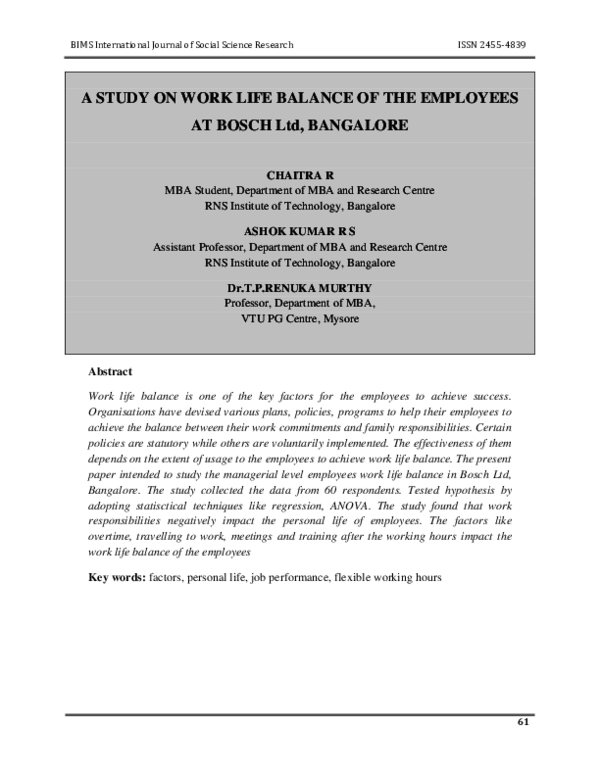(PDF) A STUDY ON WORK LIFE BALANCE OF THE EMPLOYEES