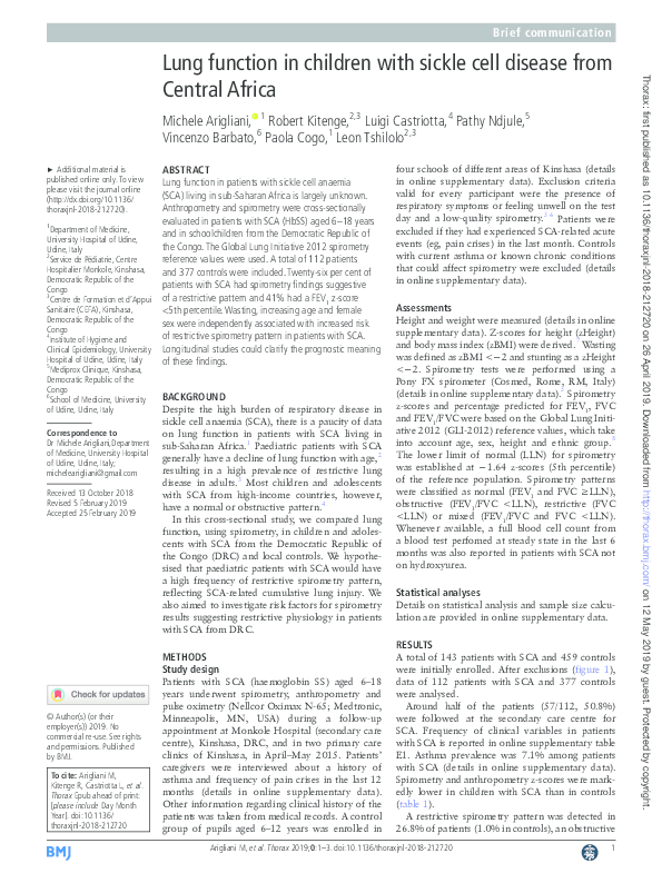 (PDF) Lung function in children with sickle cell disease from Central ...