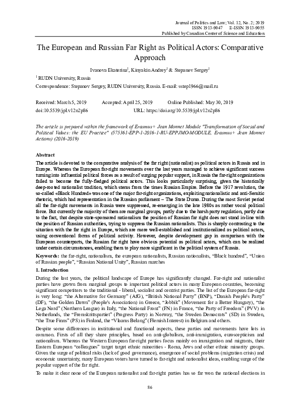 The European and Russian Far Right as Political Actors: Comparative Approach