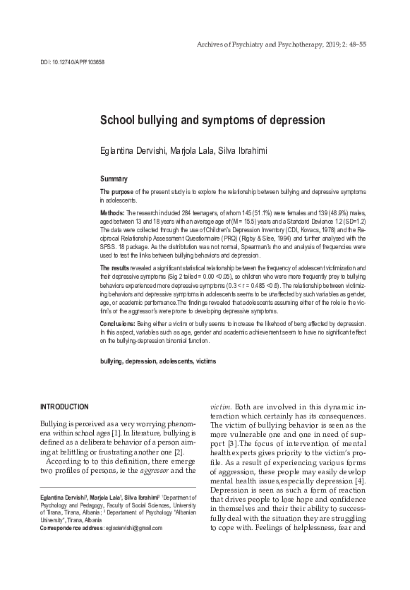 (PDF) School bullying and symptoms of depression