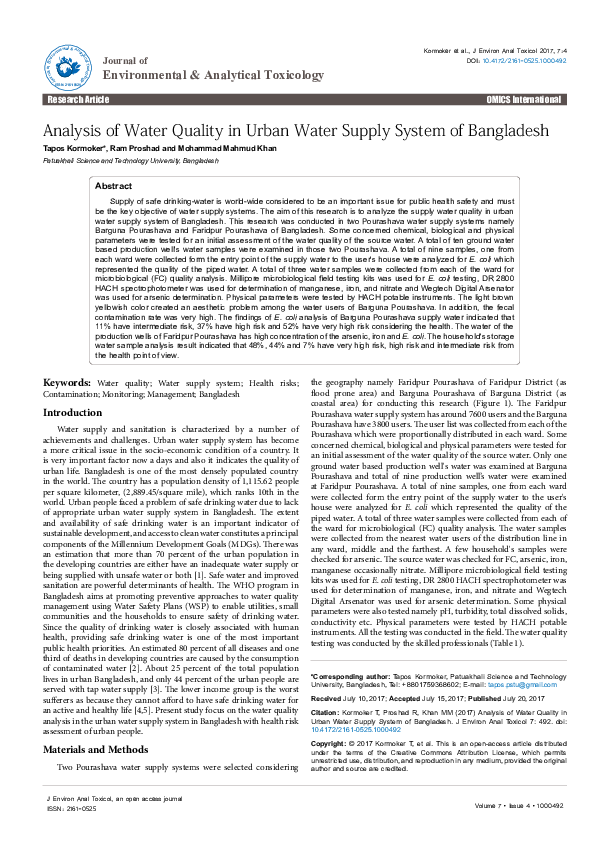 (PDF) Analysis of Water Quality in Urban Water Supply System of