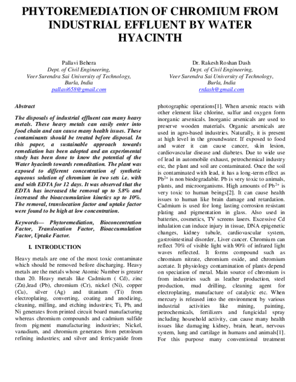 (PDF) PHYTOREMEDIATION OF CHROMIUM FROM INDUSTRIAL EFFLUENT BY WATER ...